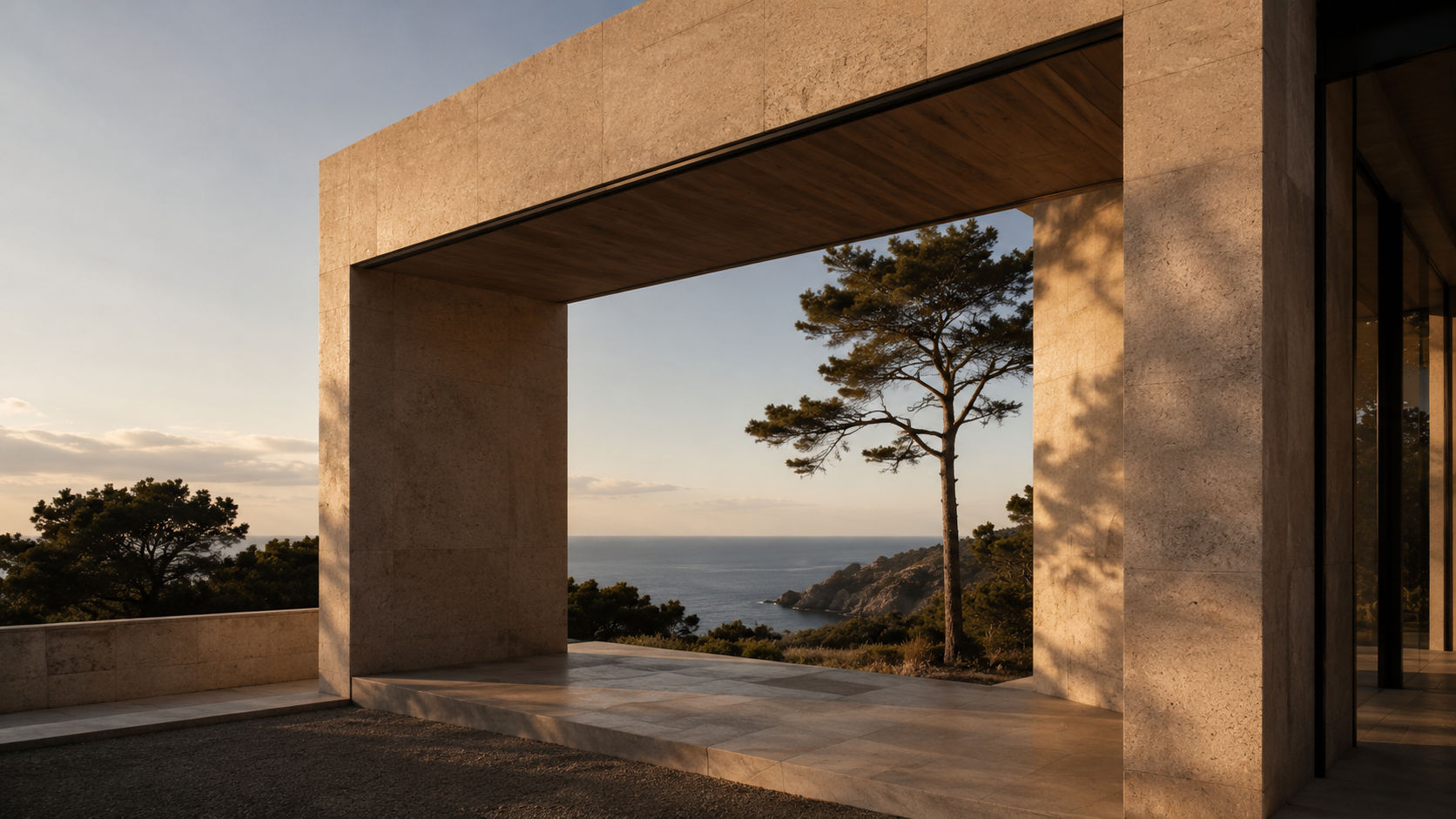Stone portico framing the ocean
