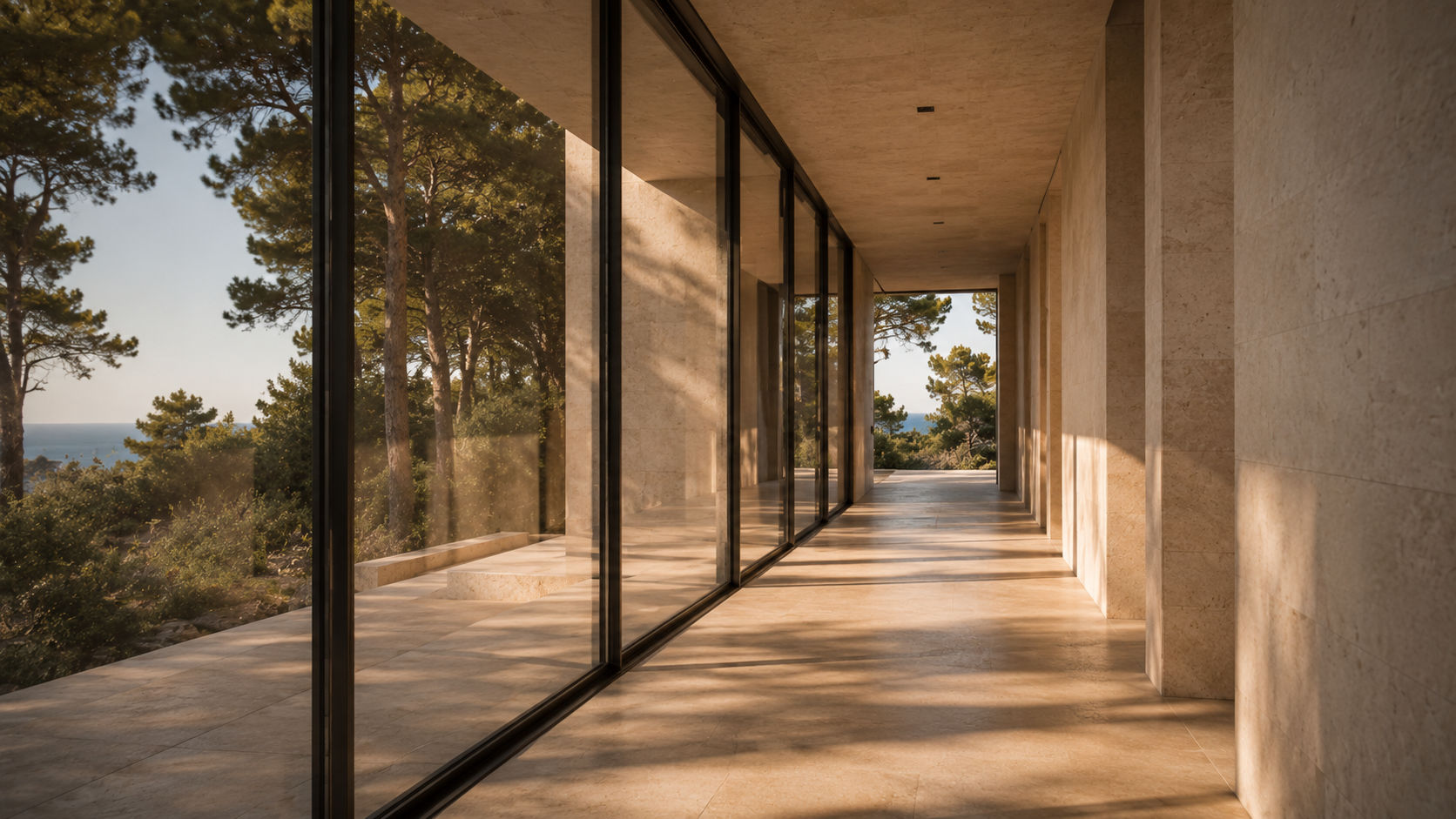 Stone corridor opening to an ocean view