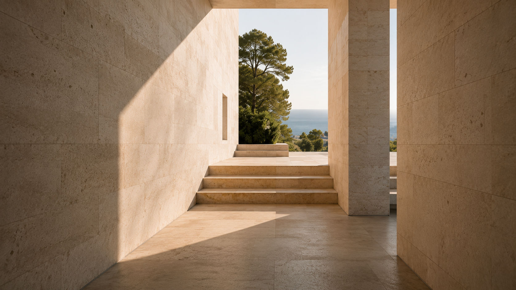 Sunlit stone passage leading to the sea